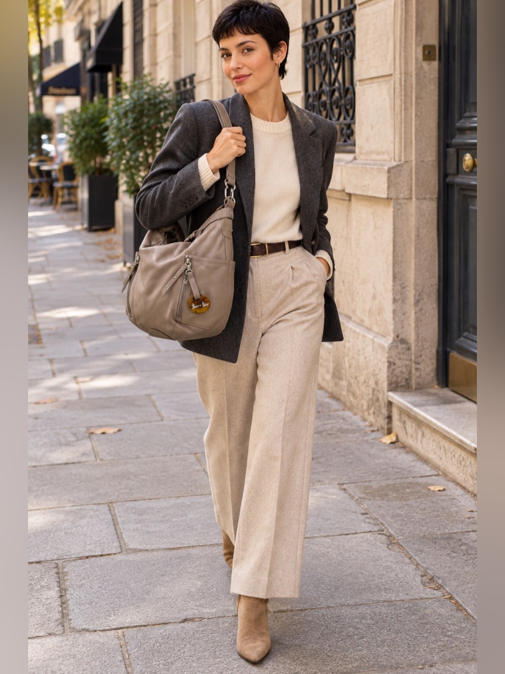 Barr + Barr Leather Convertible Hobo Crossbody Taupe Doodle Bag